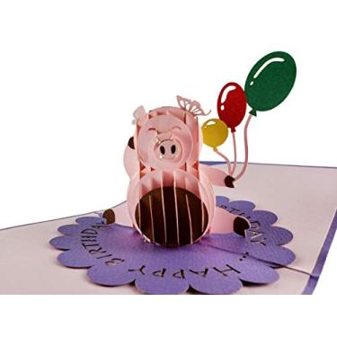 Imagem de iGifts And Cards Cute Happy Pink Pig com balões Cartão de aniversário pop-up 3D - incrível, divertido, legal, melhores votos, único, engraçado, meio dobro, celebração, filho, filha, melhor amigo, parabéns