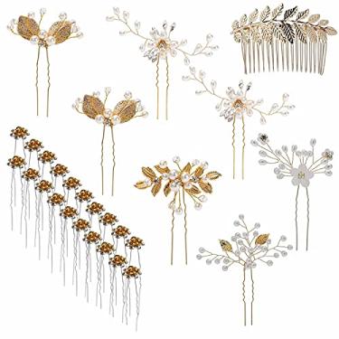 Imagem de Pacote com 28 pentes laterais de cabelo de noiva da inSowni + presilhas de cabelo em formato de U acessórios de strass em forma de pérola dourado para mulheres e meninas