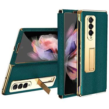 Imagem de DENSUL Capa para Samsung Galaxy Z Fold 4, capa de proteção de dobradiça, capa de couro com película frontal de vidro, suporte dobrável à prova de choque capa de moldura galvanizada de policarbonato, verde