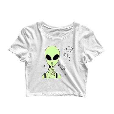Imagem de Blusa Blusinha Feminina Cropped Tshirt Camiseta Silence Alien Gênero:Feminino;Tamanho:GG;Cor:Branco