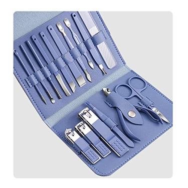 Imagem de Conjunto de manicure 16 pçs com capa de couro PU Kit de cortador de unhas Pedicure Cuidados com as unhas Tesoura Cortador Aparador Ferramentas de arte para unhas, Novo Azul