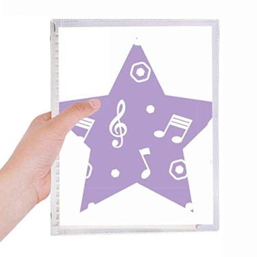 Imagem de Caderno branco com notas musicais roxas, folhas soltas, diário recarregável, artigos de papelaria