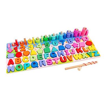 Imagem de CIADAZ Quebra-cabeça com números de madeira Classificador de formas Jogo de contagem e correspondência Jogo de pesca magnética Placa logarítmica Brinquedo Montessori para crianças Educação pré-escolar