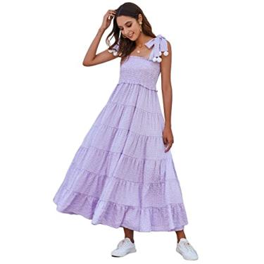 Imagem de Floerns Vestido longo feminino com estampa floral e alças quadradas e babados, A lilás roxo, GG