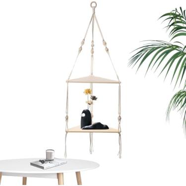 Imagem de Prateleira de parede Boho - Prateleira de macramê multifuncional para decoração de parede, prateleira de madeira tecida à mão com corda de algodão, prateleiras de corda para exibir vasos de flores, fo