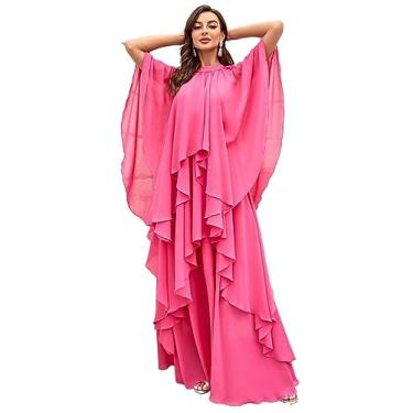 Imagem de Camisa Feminina Ruffle Trim Batwing Sleeve Chiffon Dress (Color : Hot Pink, Size : CH)