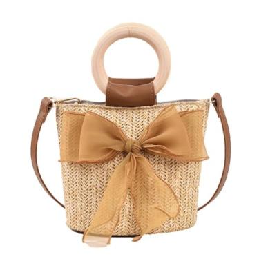 Imagem de KoeLaP Mini bolsa feminina verão praia tecido balde bolsa de ombro feminina designer fivela bolsa transversal, Bolsa tiracolo cáqui, 19X16X12cm