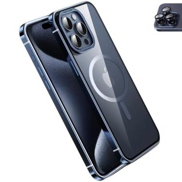 Imagem de Capa Case Bumper Bamper Para iPhone 15 Pro Compatível com Carregamento Magnético Slim De Acrílico Transparente Com Proteções de Lente da Câmera (Titânio Azul)