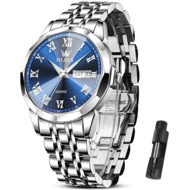 Imagem de OLEVS Relógios masculinos de luxo (prata/ouro/azul/preto) (diamante/numeral romano/algarismos árabes) Relógio de aço inoxidável com mostrador à prova d'água vestido casual reloj, Pulseira de prata azul com numerais romanos Face-9990, Round, relógio de negócios masculino