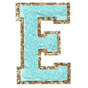 Imagem de 3 Pçs Chenille Letter Patches Ferro em Patches Glitter Varsity Letter Patches Bordado Bordado Borda Dourada Costurar em Patches para Vestuário Chapéu Camisa Bolsa (Azul, E)