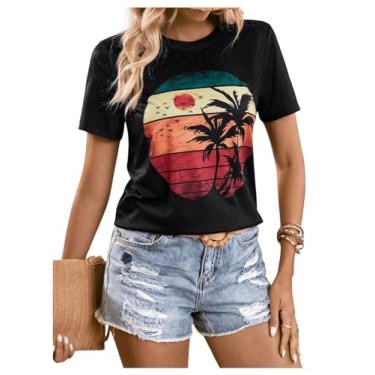Imagem de SOLY HUX Camisetas femininas estampadas de verão manga curta gola redonda, Tropical, preto, M