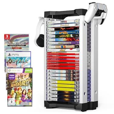 Imagem de Allnice Torre de armazenamento de jogos multifuncional para videogame para 24 discos de jogos, 2 controles de fone de ouvido compatíveis com PS3/PS4/PS5/Nintendo Switch/Xbox One, Xbox Series X/S e