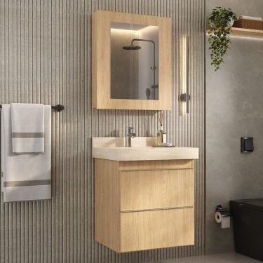 Imagem de Conjunto Para Banheiro Lavatório Em Porcelanato Com Cuba Esculpida, Gabinete Liso e Espelheira 60cm Wood/Travertino