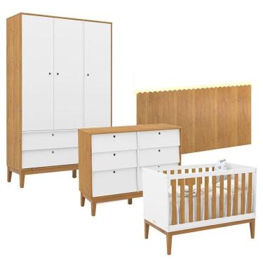 Imagem de Quarto de Bebê Unique 3 Portas com Cômoda 6 Gavetas e Painel Farm com Led Branco Soft Freijó Eco Wood - Matic