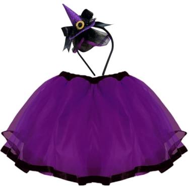 Imagem de Fantasia Infantil Bruxa Saia Roxo Bruxinha Criança Halloween Balé Vestido Roupa Menina (Roxo, Único Infantil (veste 3 a 14 anos))