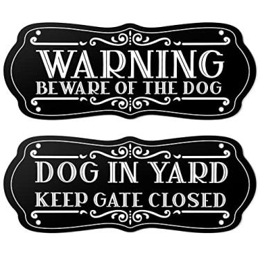 Imagem de 2 peças placa de cachorro para cerca, cuidado com cães, placa de aviso de cachorro, placa engraçada de metal, placa de alumínio rústica cuidado com cães, placa de portão de cachorro, cachorro no quintal, mantenha o portão fechado para cerca (padrão elegante)