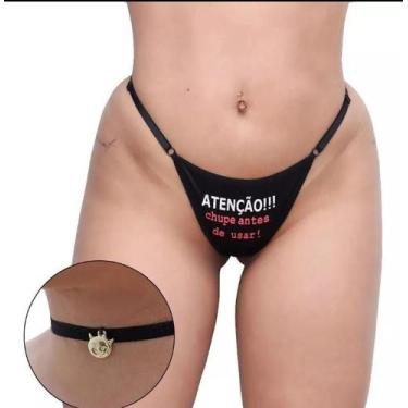 Imagem de Calcinha tanga fio frase noite sex preta + gargantilha hotwife - Deia,