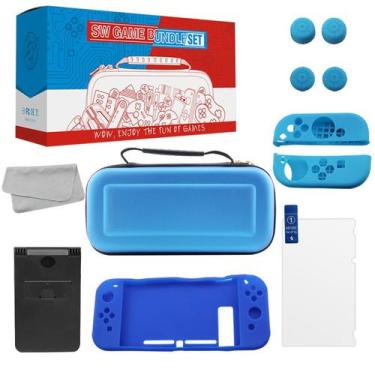 Imagem de Kit Proteção Nintendo Switch 10 em 1 Case Capa Película Grips Azul - T