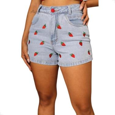 Imagem de Shorts Jeans Mom Feminino Cintura Alta Bordado Morango - DS Blogueira,