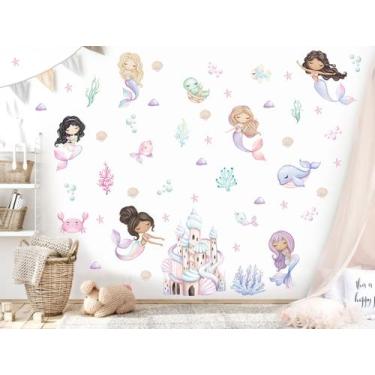 Imagem de Adesivo de Parede Sereias Aquarela Conchas Castelo Peixes - Adesivos K
