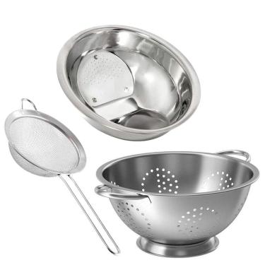 Imagem de Kit Multiuso Escorredor de Arroz, Macarrão e Peneira Aço Inox Prime - Quality House