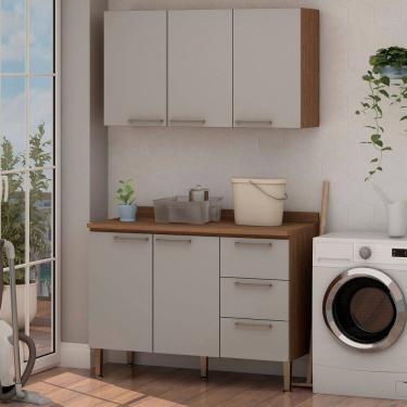 Imagem de Conjunto para Área de Serviço com Balcão 2 Portas e 3 Gavetas e Armário Aéreo 3 Portas Low Dry Ébano/Cinza