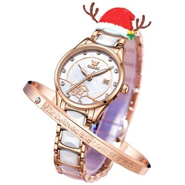 Imagem de OLEVS Relógio feminino ouro rosa cerâmica designer elegante moda luxo 3ATM data impermeável luminoso verde presente de dia dos namorados quartzo, Mostrador branco, Vestido moderno