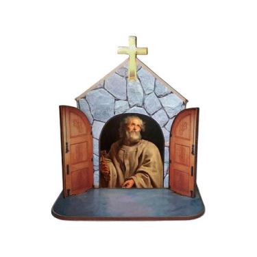Imagem de Mini Capela Oratório Display Enfeite de Mesa São Pedro 12cm Mdf Madeir