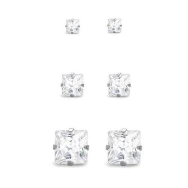 Imagem de Trio Brinco Prata 925  Pedra Zircônia Quadrada 3mm 4mm 5mm - MPJoias