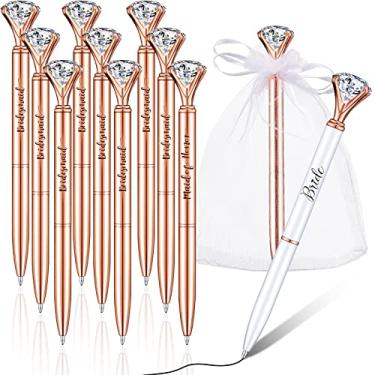 Imagem de 10 peças de canetas de chuveiro de noiva de diamante 1 dama de honra 8 canetas de diamante de noiva tinta preta 10 sacos de organza transparentes canetas esferográficas de metal de cristal retrátil para mulheres materiais de casamento