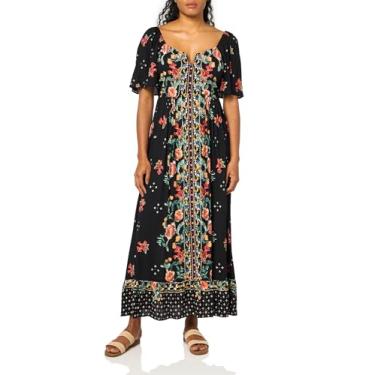 Imagem de Angie Vestido longo feminino com mangas flare e corte V, Preto, M