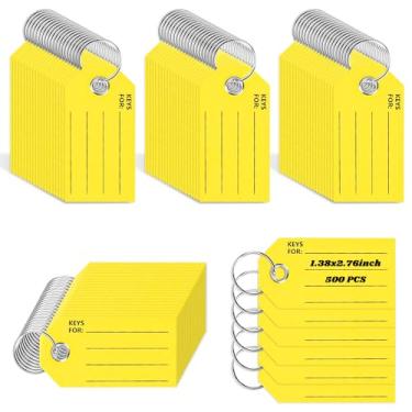Imagem de 500 etiquetas de chave com etiquetas amarelas com anel chaveiro etiquetas para escrever no carro com etiquetas de bagagem para etiquetar etiquetas de chave de revendedor para identificadores, bolsas,