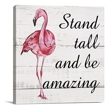 Imagem de Country Pink Flamingo Canvas Prints Wall Art Decor Desk Sign Stand Tall and Be Amazing Flamingo Quote Poster Painting Framed Artwork 8 x 8 Inch Rustic Home Shelf Wall DecorationQ