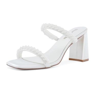 Imagem de Shoe'N Tale Sandálias femininas de salto grosso com duas bandas, bico aberto, bico aberto, mules, sem fecho, sapato social, S - cetim branco, 7.5