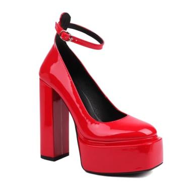 Imagem de Rock88 Salto plataforma alta feminino, salto redondo com alça de fivela ajustável, salto grosso para dança e festa, vermelho, 45