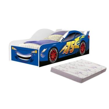 Imagem de cama infantil 08 azul adesivada com proteção lateral para quarto de me