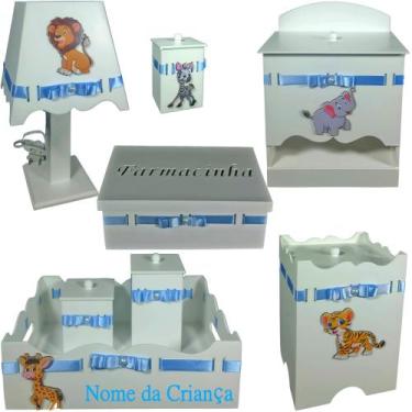 Imagem de Kit de Higiene bebê mdf menino - Safari branco e azul bb - FLORES PARA