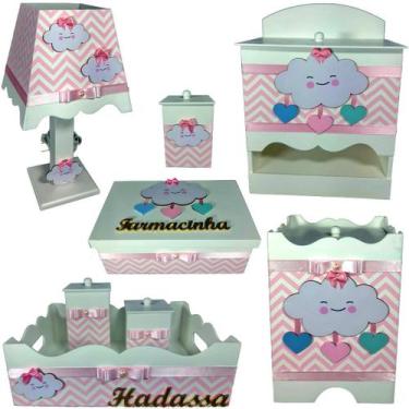 Imagem de Kit Higiene bebê Mdf farmacinha 8 pçs - CHUVA DE AMOR ROSA CHEVRON - F