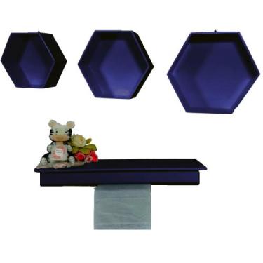 Imagem de Kit Nichos Colmeia + Prateleira com Varão MDF - AZUL MARINHO - Flores 