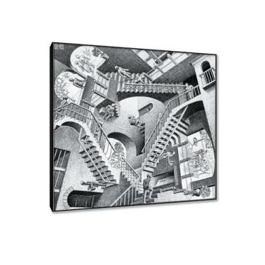 Imagem de M. C. Escher Impressão em tela arte de parede famosas pinturas a óleo reproduções 'escadas' Fine Art Poster Prints. Imagens abstratas em tela para decoração de parede 40x40 cm (16x16in) BlackFrame