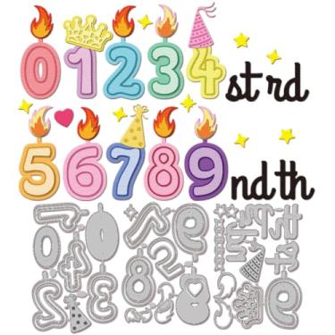 Imagem de GLOBLELAND Matrizes de corte de número de aniversário para álbum de recortes faça você mesmo com chamas de metal, corte, coroa, estrela, para fazer cartões, álbum de fotos em relevo, decoração de