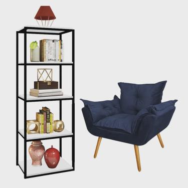 Imagem de Kit Poltrona Fatte com Estante Livreiro Ferro Preto mdf Branco Suede Azul Marinho - Ahazzo Móveis