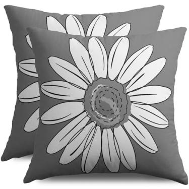 Imagem de Smozenith Conjunto de 2 capas de almofada de margarida branca cinza 45,7 x 45,7 cm, estampa de flores para primavera, verão, decoração para ambientes externos, fazenda, floral, sazonal, sofá, cama
