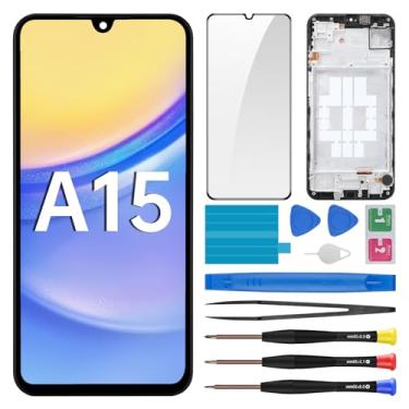 Imagem de BESJMYT Substituição de tela para Samsung Galaxy A15 com moldura LCD, digitalizador sensível ao toque, montagem completa e botão lateral, alto-falante, vibração, motor, vidro, reparo, kit SM-A155F