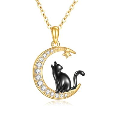 Imagem de GEHN Colar de gato de ouro maciço 14K com pingente de gato preto na lua, joias de animais presentes para mulheres, Sem Pedra Preciosa
