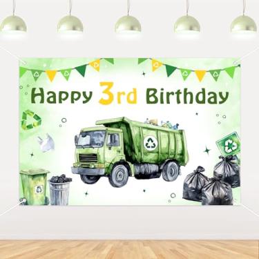Imagem de Caminhão de lixo decoração de 3º aniversário verde feliz 3º aniversário pano de fundo banner 1,5 x 1 m caminhão de lixo decoração de terceiro aniversário caminhão de lixo decoração de chá de bebê