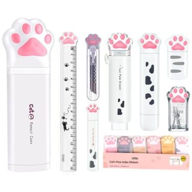 Imagem de PANDENNER 9 peças de material escolar Kawaii, conjunto de artigos de papelaria fofo, incluindo apontador de lápis, borracha, fita corretiva, notas adesivas, régua, mini tesoura, faca utilitária, para material de escritório Kawaii