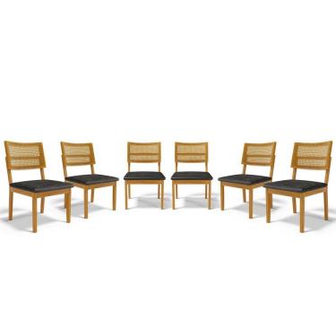 Imagem de Kit Com 6 Cadeiras Aline Madeira Maciça Assentos Estofados Encostos De Tela Palha Sextavada