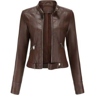 Imagem de Jaqueta de couro curta Mulheres Stand Stand Stand Collar Jacket European, Coffee Color, XS