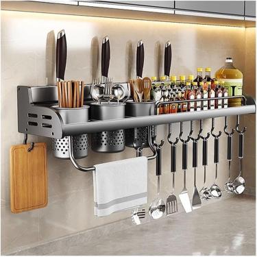 Imagem de Rack de especiarias montado na parede sem instalação de perfuração Organizador da prateleira de cozinha com ganchos móveis portador de utensílios de utensílios e suporte de faca 80cm 3 xícar